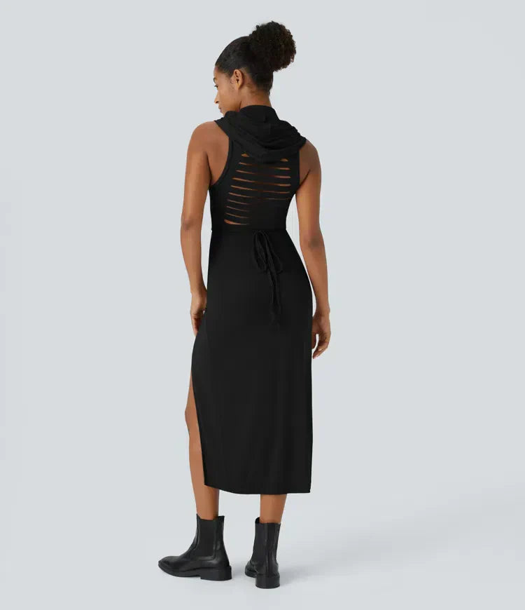 ColaZebra™ | Robe mi-longue décontractée à capuche, sans manches, dos zébré