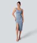 Robe mi-longue moulante décontractée avec fente, corset dos nu, encolure carrée et fronces