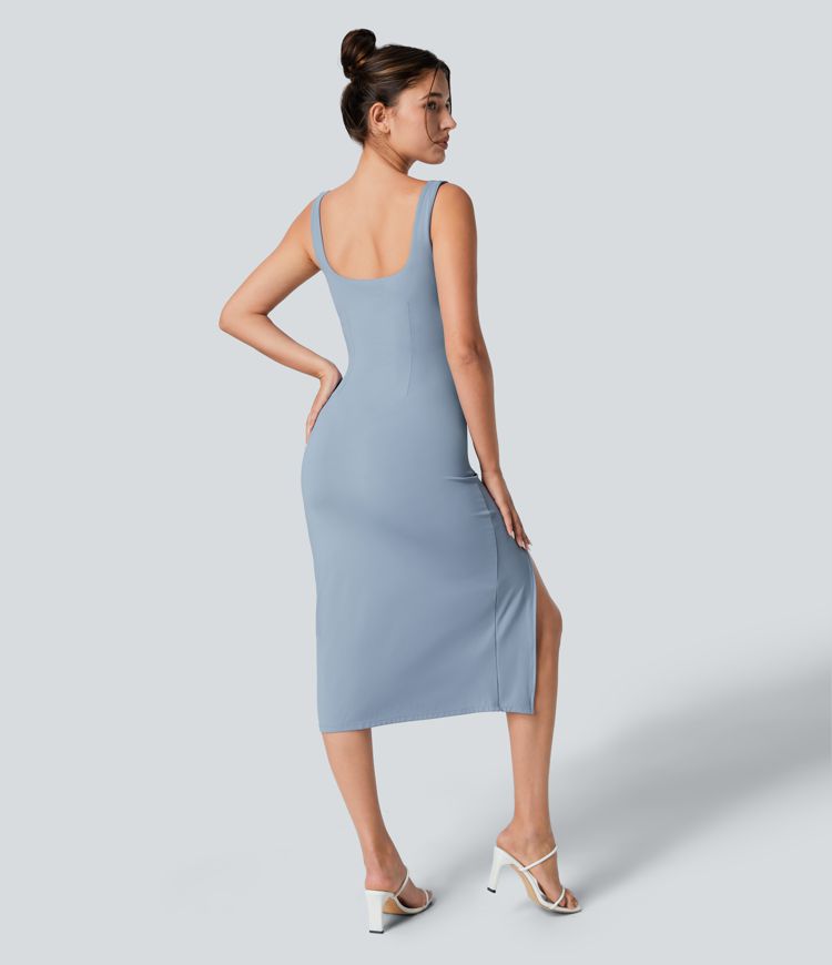 Robe mi-longue moulante décontractée avec fente, corset dos nu, encolure carrée et fronces
