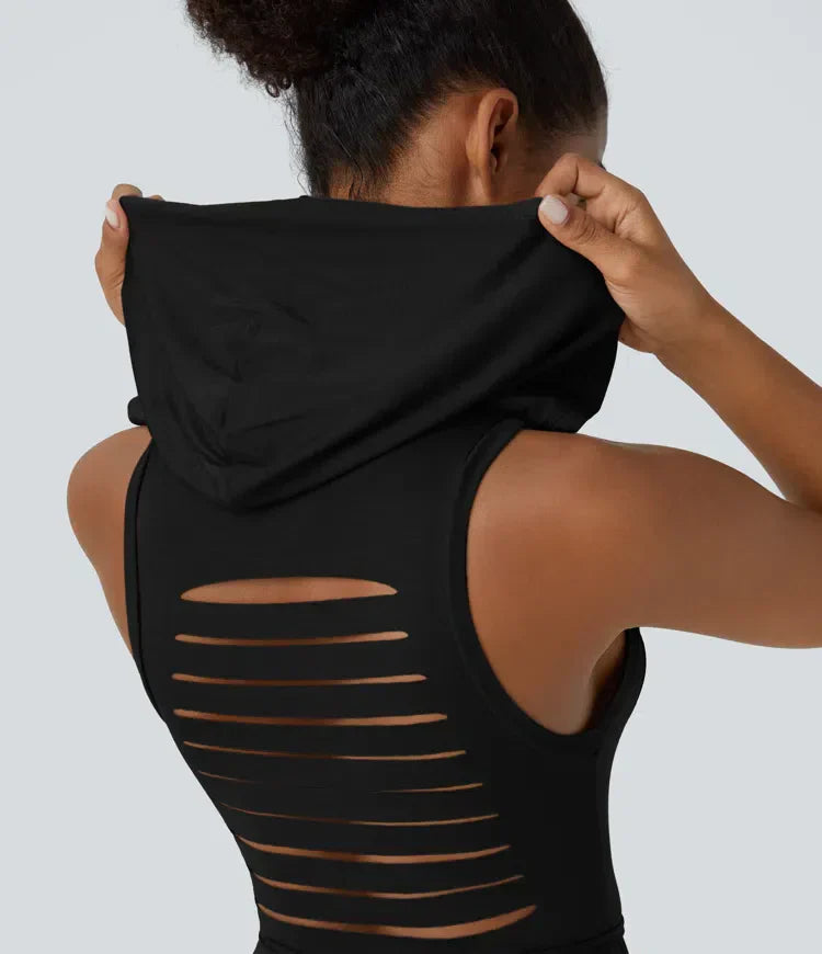 ColaZebra™ | Robe mi-longue décontractée à capuche, sans manches, dos zébré