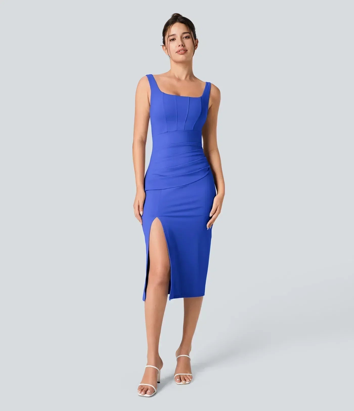 Robe mi-longue moulante décontractée avec fente, corset dos nu, encolure carrée et fronces