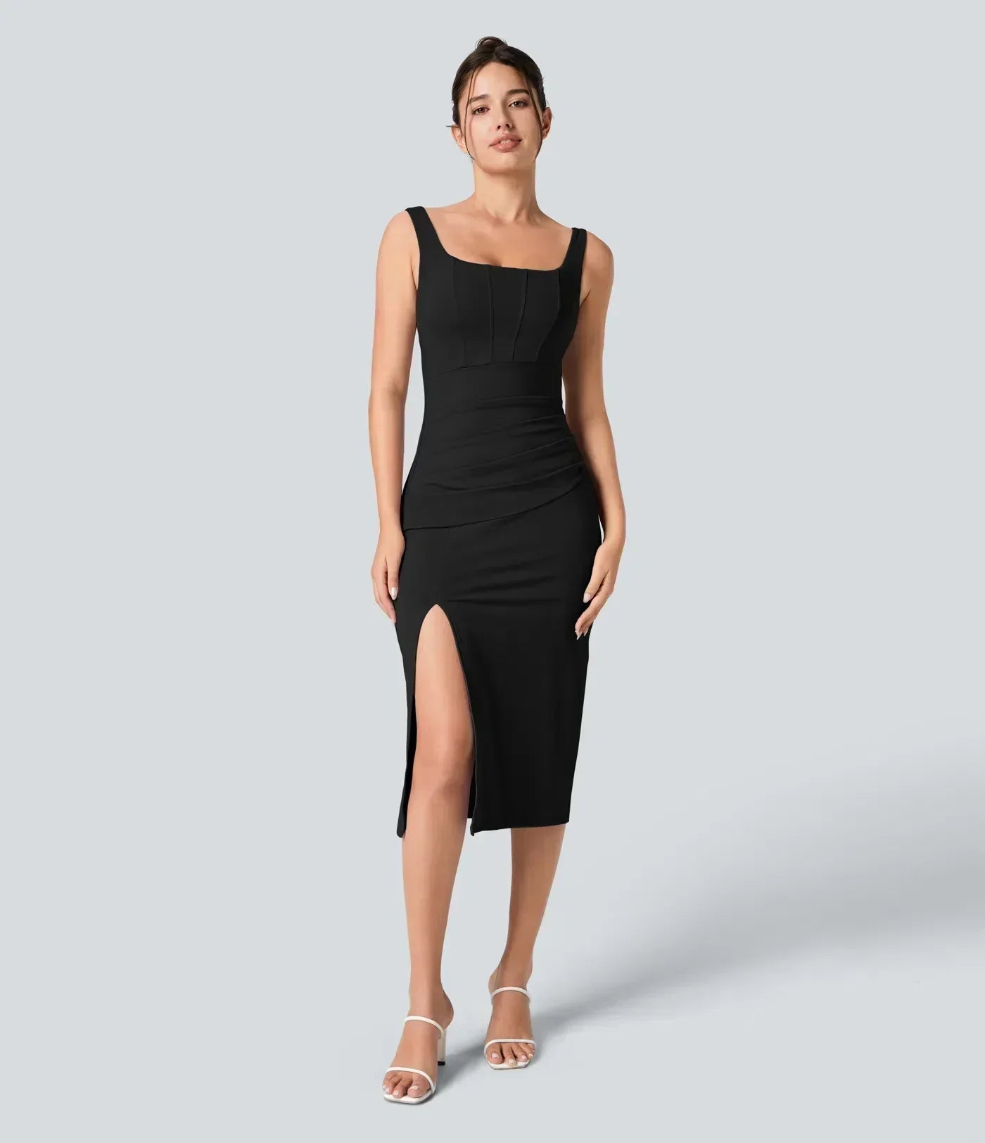 Robe mi-longue moulante décontractée avec fente, corset dos nu, encolure carrée et fronces