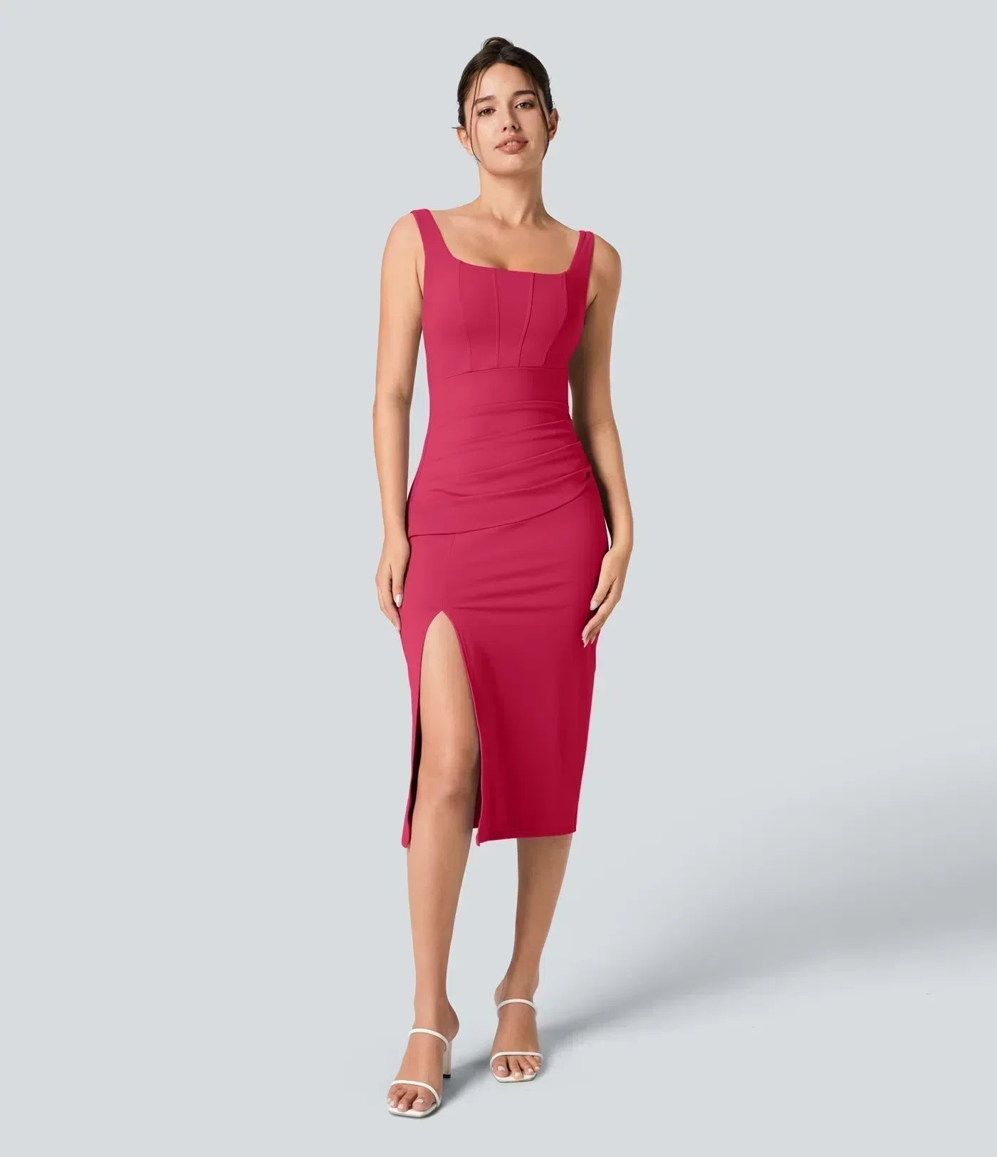 Robe mi-longue moulante décontractée avec fente, corset dos nu, encolure carrée et fronces
